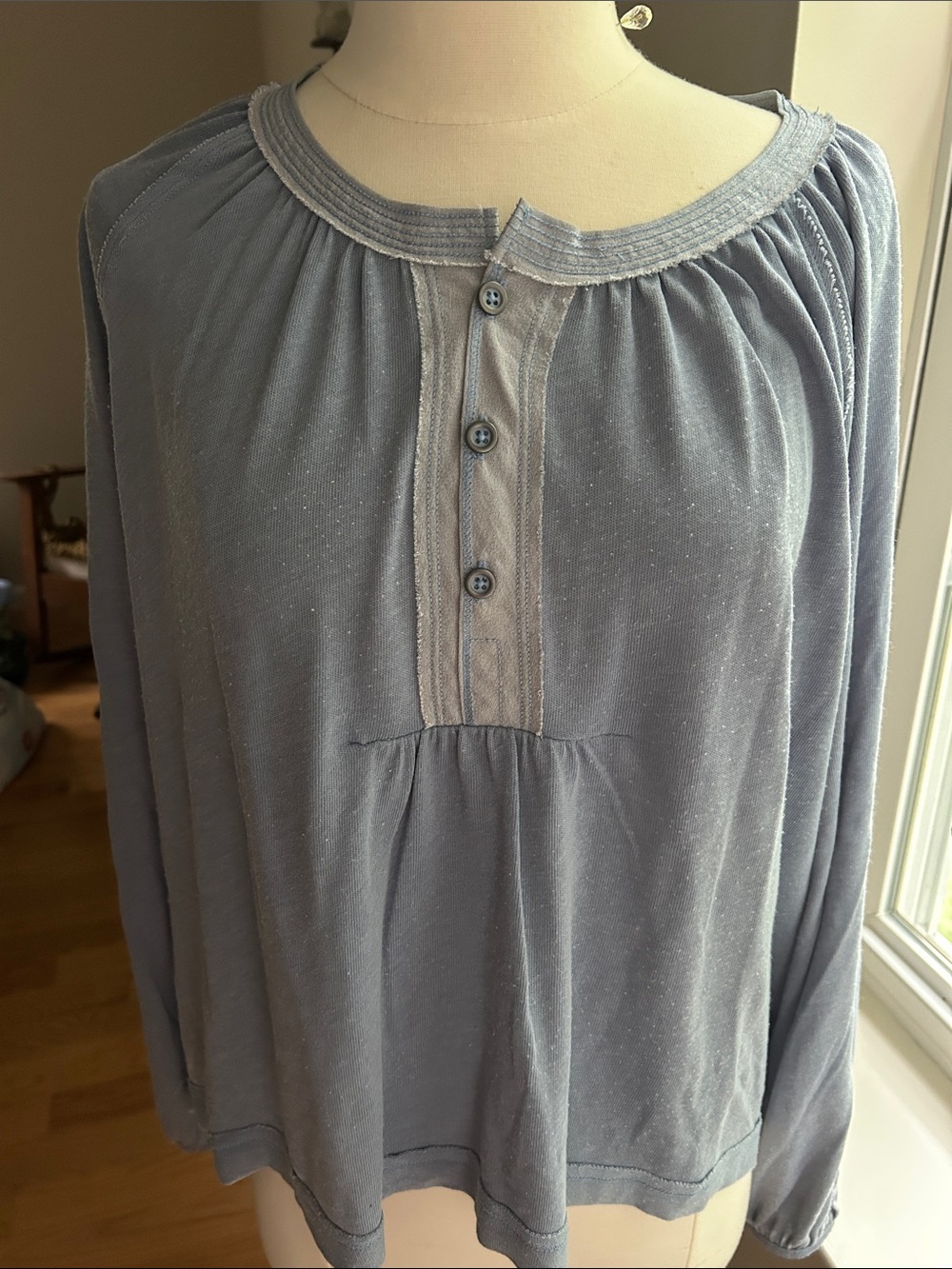 We The Free Dusty Blue Long Sleeve Henley Blouse